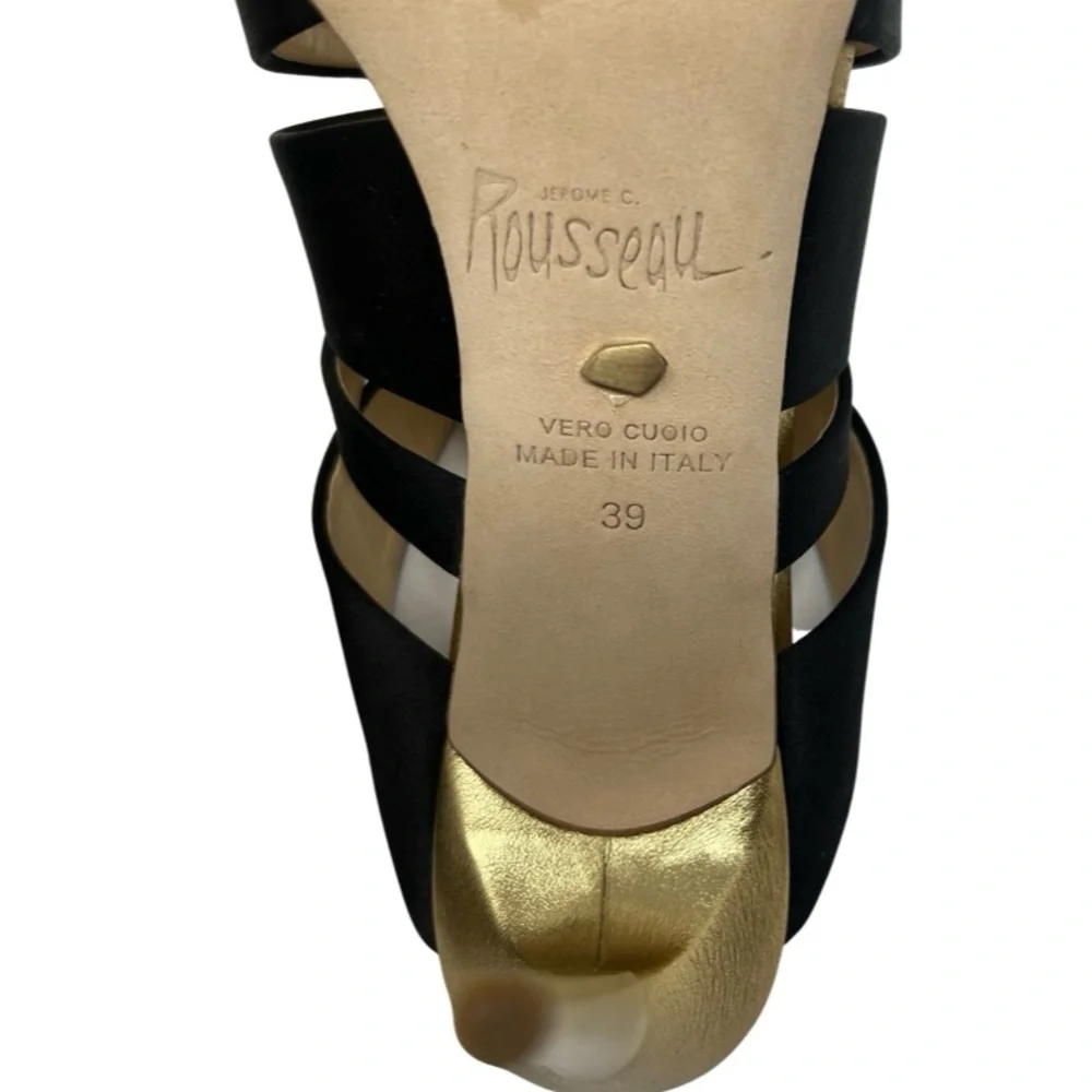 Jerome C Rousseau Vanity Heel Size EU 39 Black Satin Gold Metallic Made In Italy